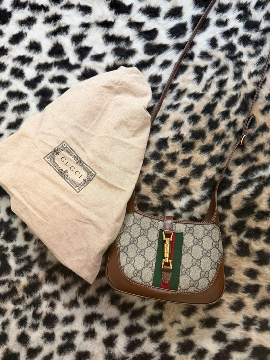 Gucci Handbags - Gucci Beige GG Canvas Crossbody with Brown Leather and Green-Red Web